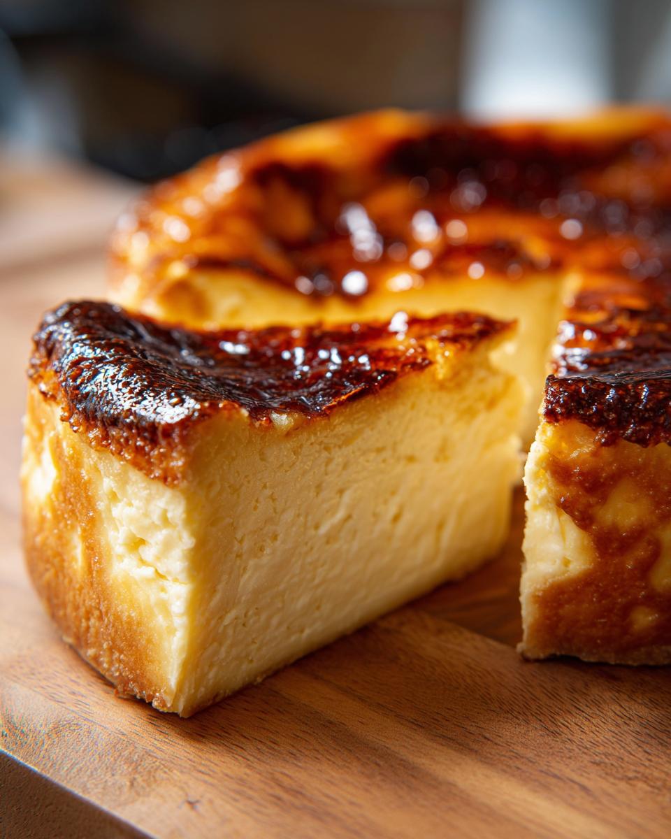 Close-up of a creamy slice of creme brulee cheesecake showing the signature dark, caramelized top.