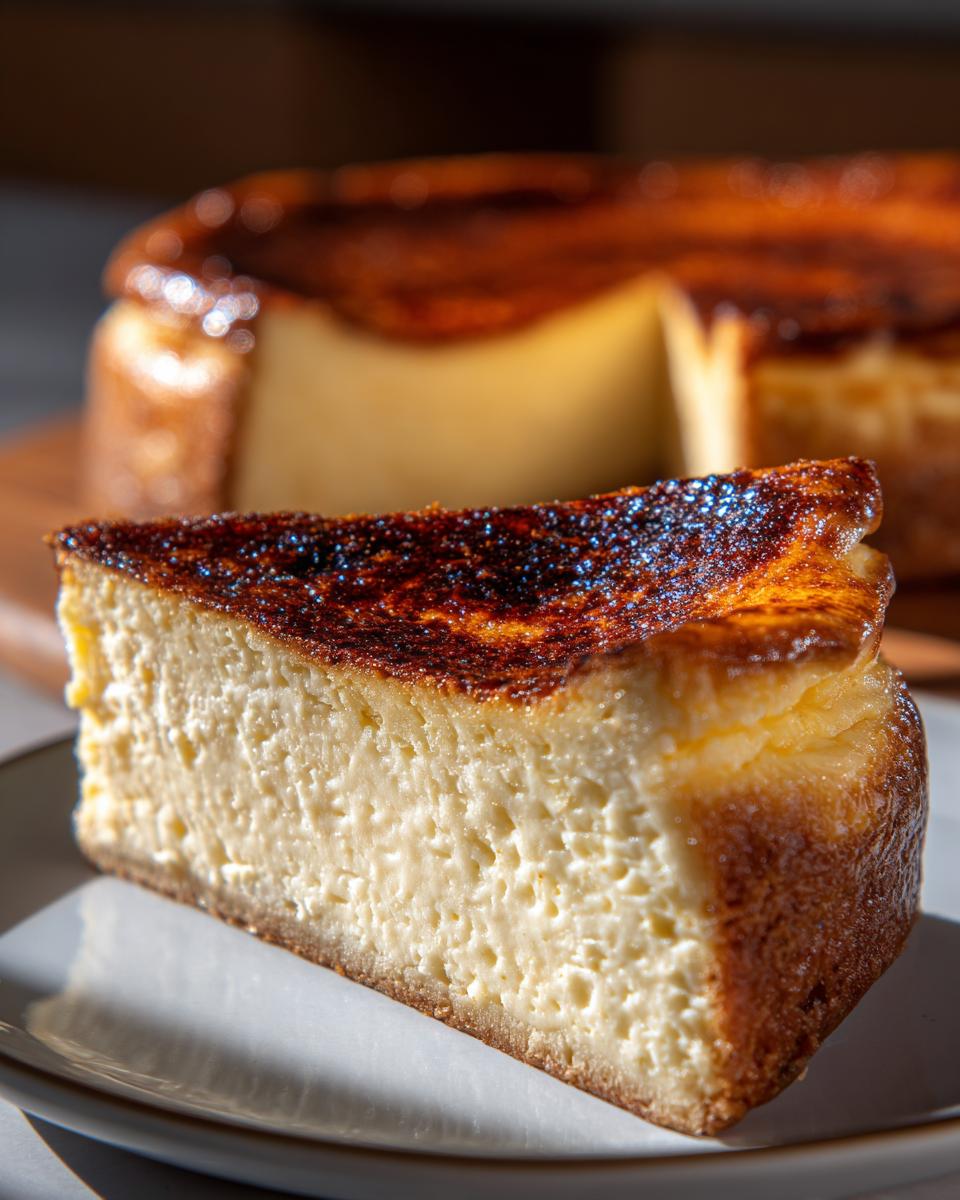 A close-up slice of rich creme brulee cheesecake with a deeply caramelized, torched top.