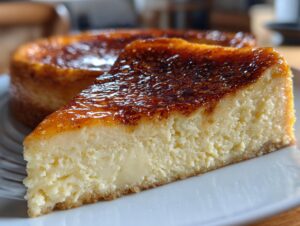 A close-up slice of creamy creme brulee cheesecake featuring a dark, caramelized, torched sugar crust.