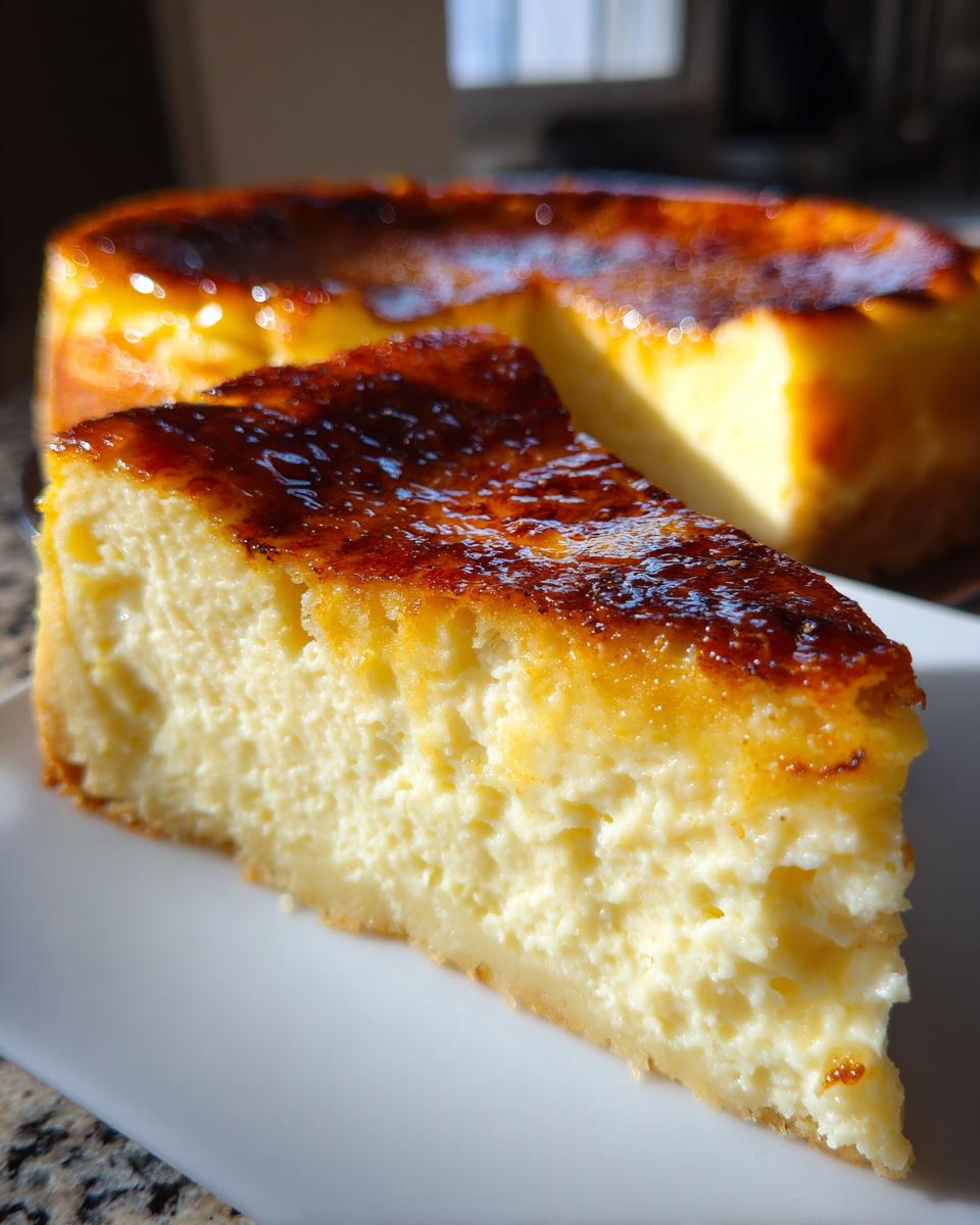 A thick slice of creamy creme brulee cheesecake with a deeply caramelized, glossy top, served on a white plate.