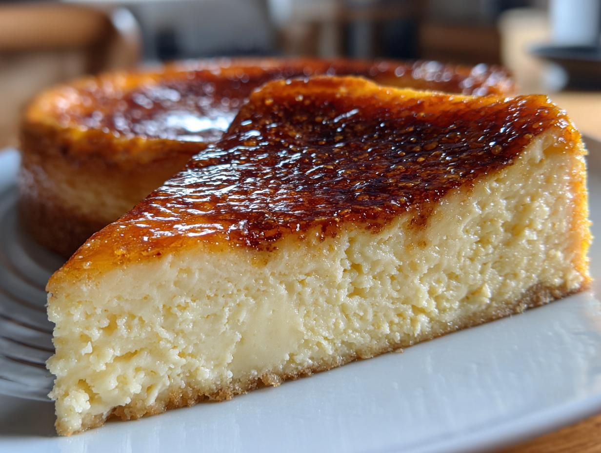 A close-up slice of creamy creme brulee cheesecake featuring a dark, caramelized, torched sugar crust.
