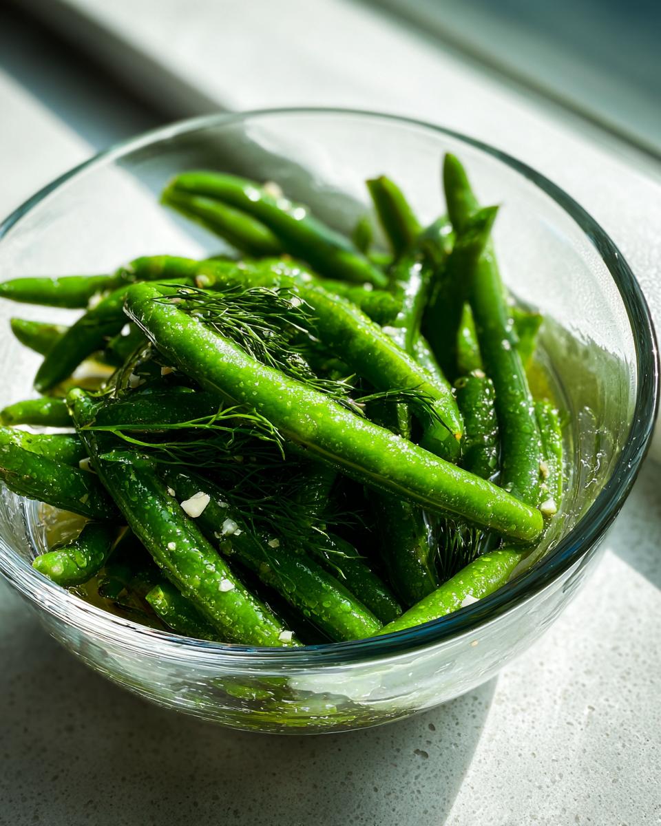 Bright green, crisp dilly beans seasoned with fresh dill and garlic in a clear glass bowl.