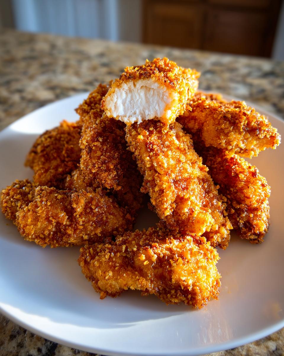 A pile of golden, crispy air fryer chicken tenders on a white plate, one is broken open showing the white, juicy interior.