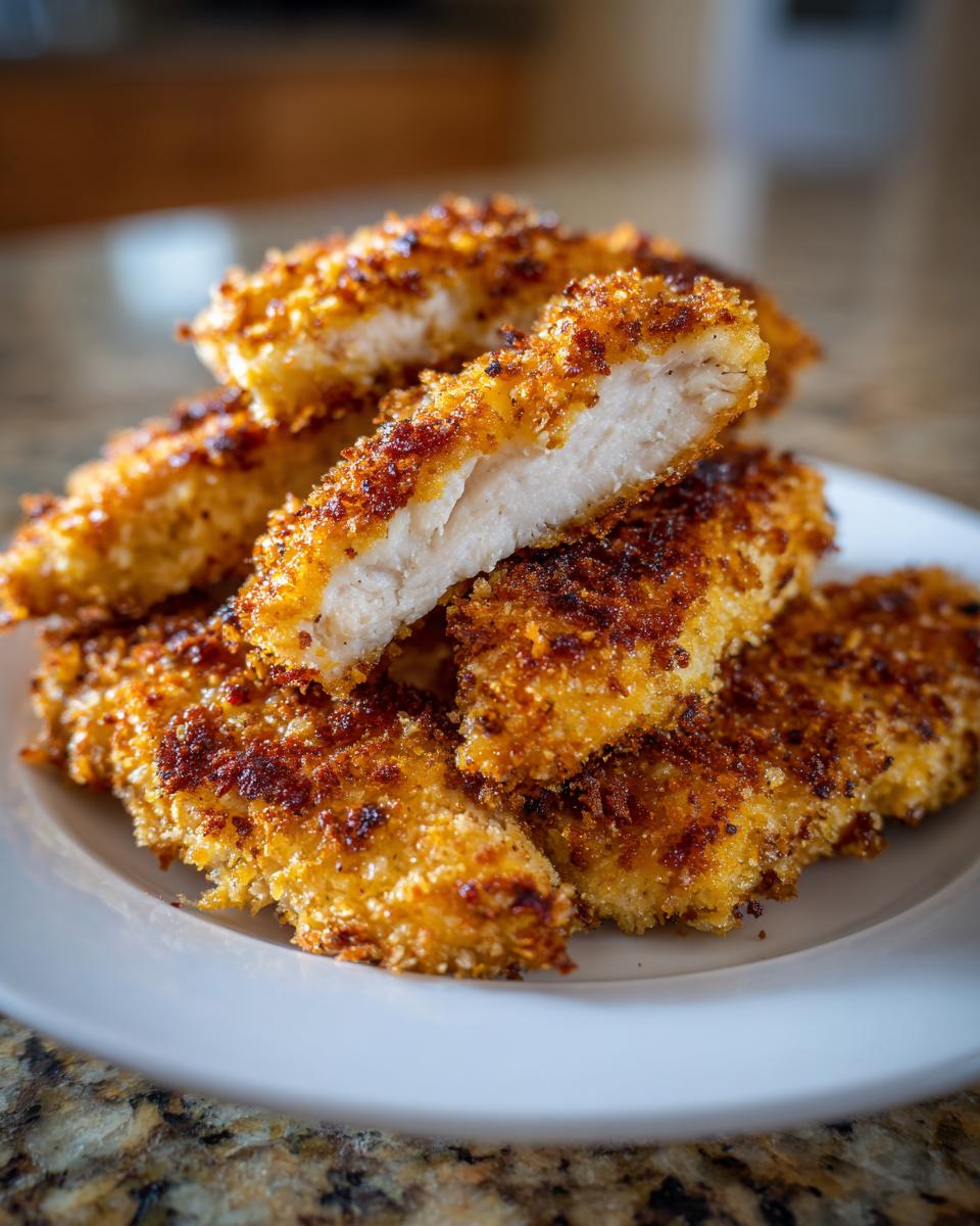 Close-up of golden brown, crispy air fryer chicken tenders piled on a white plate, with one tender cut open showing the juicy white meat inside.
