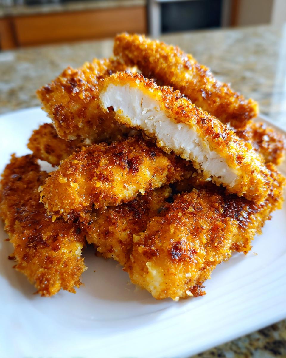 Close-up of golden brown, crispy air fryer chicken tenders piled on a white plate, one is cut open showing white meat.