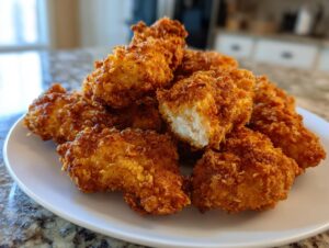 A pile of golden brown, crispy air fryer chicken tenders served on a white plate, one piece is broken open showing the white meat.