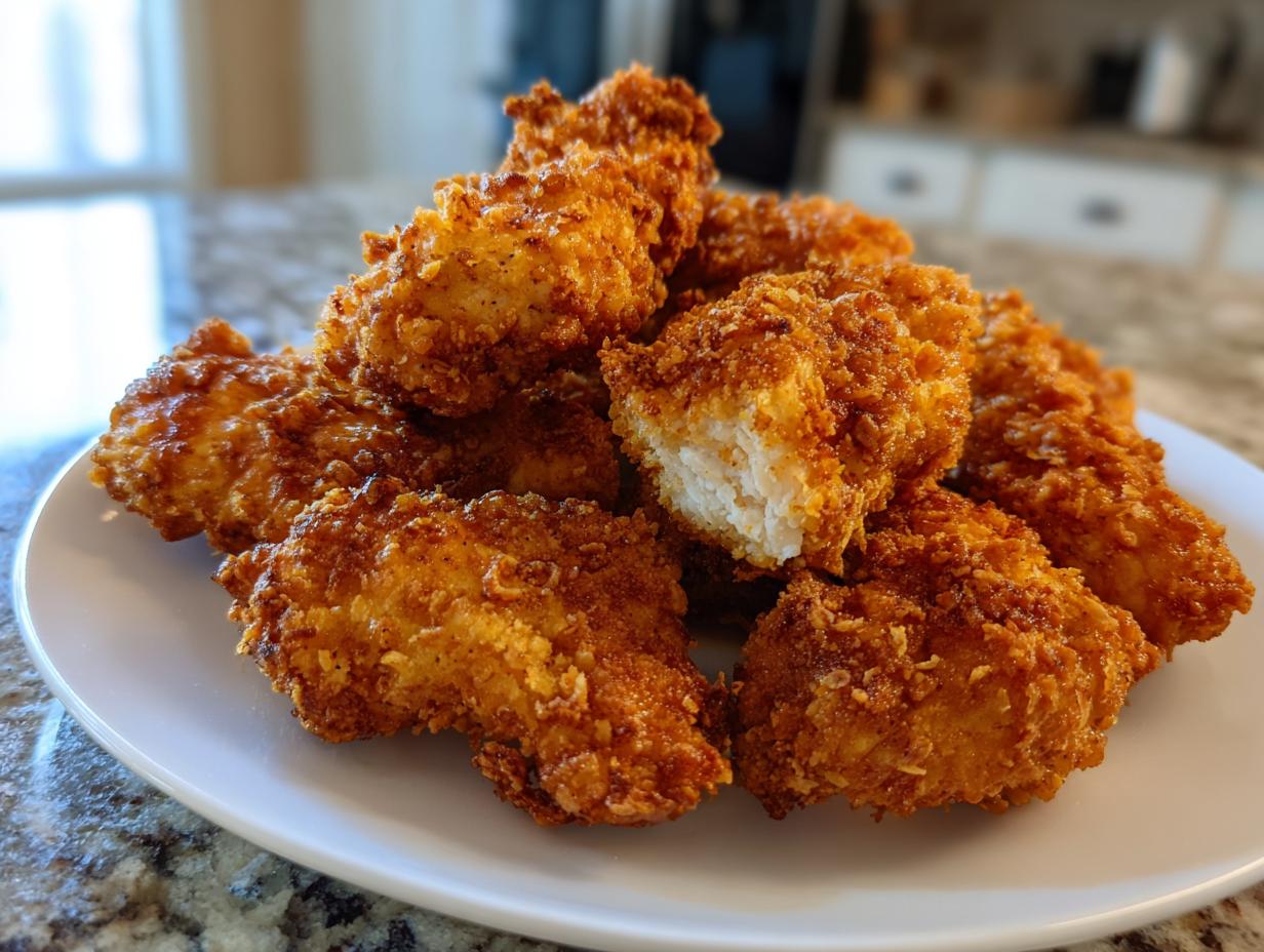 A pile of golden brown, crispy air fryer chicken tenders served on a white plate, one piece is broken open showing the white meat.