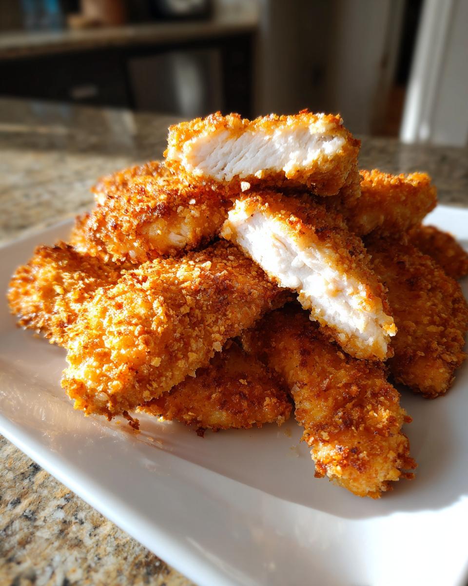 A pile of golden brown, crispy air fryer chicken tenders, one cut open to show juicy white meat inside.
