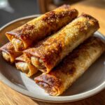 Close-up of four golden brown, crispy baked egg roll appetizers stacked on a light ceramic plate.