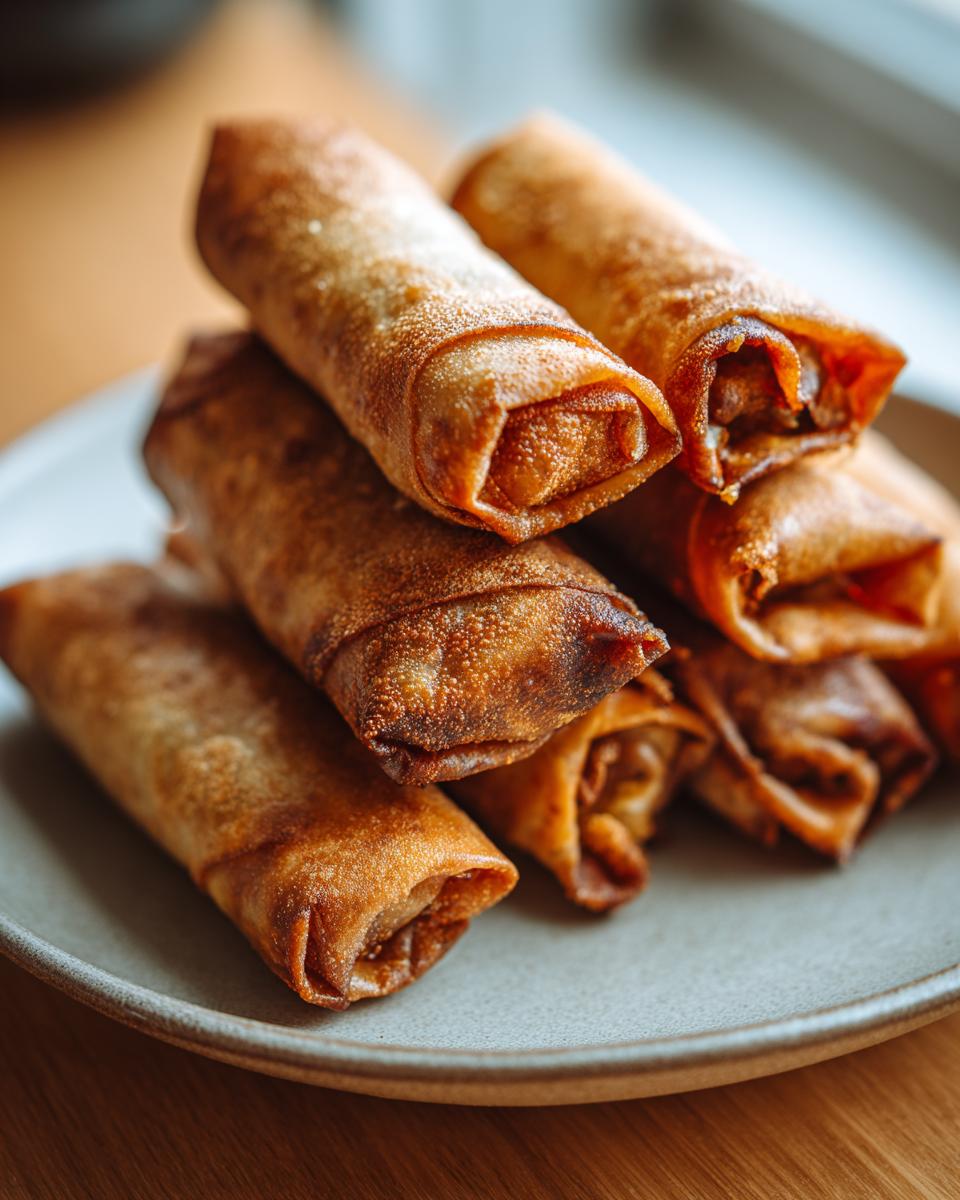 A close-up of a stack of golden brown, crispy baked egg roll appetizers piled on a light gray plate.