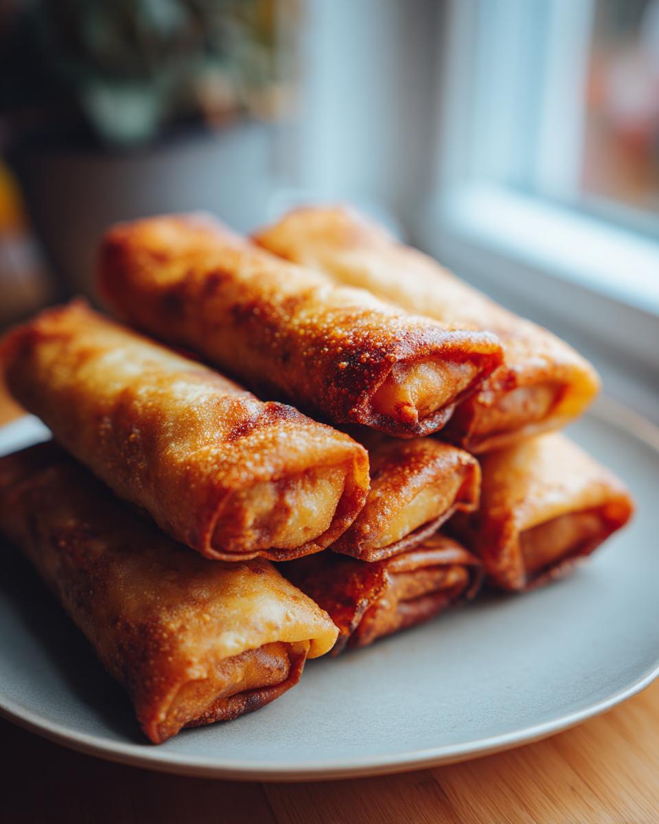 A stack of golden brown, crispy baked egg roll appetizers piled on a light blue plate.