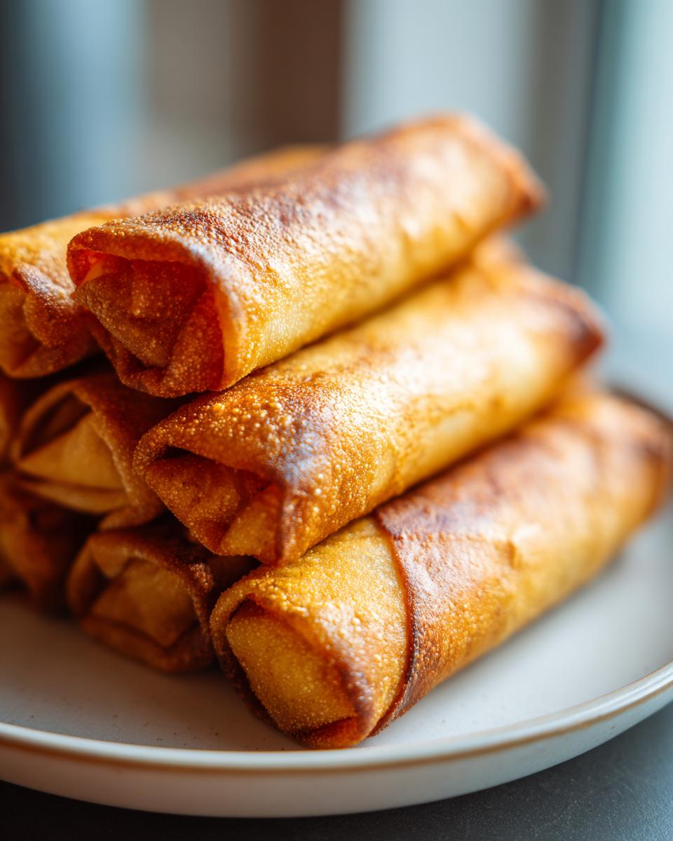 A stack of golden brown, crispy baked egg roll appetizers sitting on a light-colored plate.