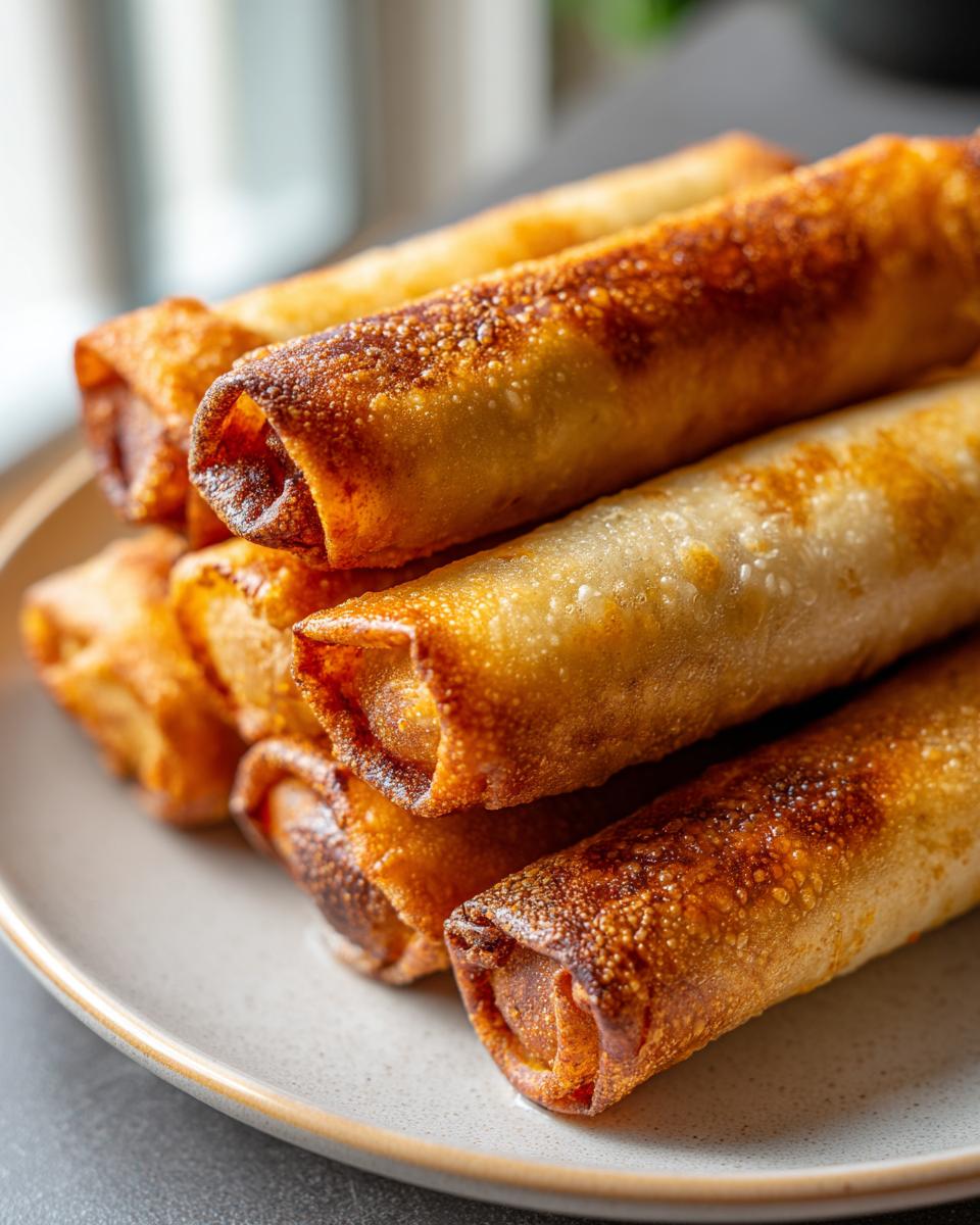 Close-up of a stack of perfectly golden brown and crispy baked egg roll appetizers on a light gray plate.