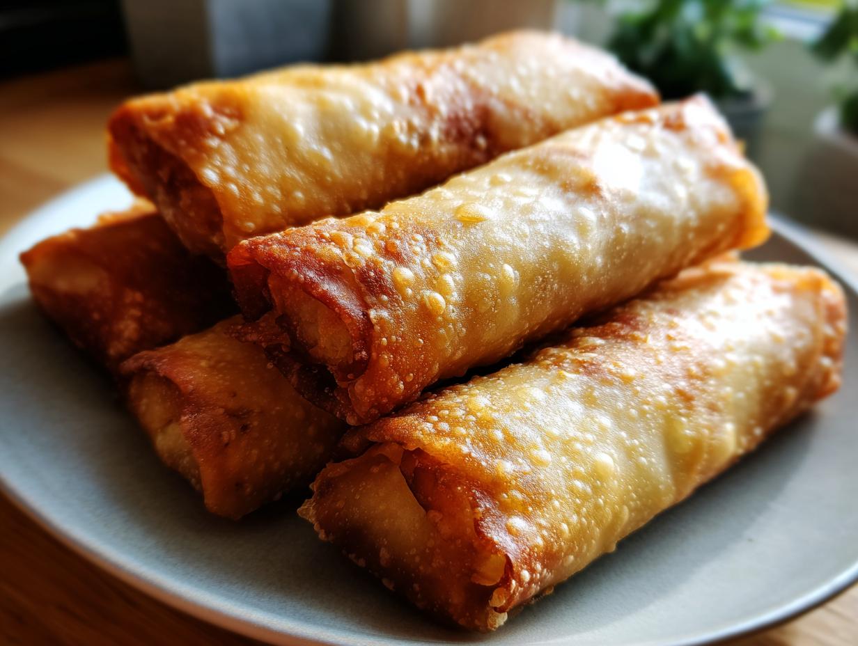 A stack of four golden brown, crispy baked egg roll appetizers resting on a light gray plate.