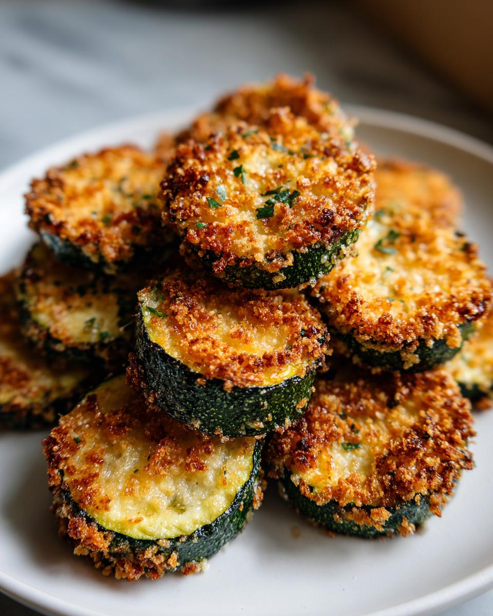 A stack of golden brown, crispy baked parmesan zucchini slices garnished with parsley.