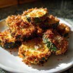 A pile of golden brown, crispy baked parmesan zucchini slices seasoned with coarse salt.