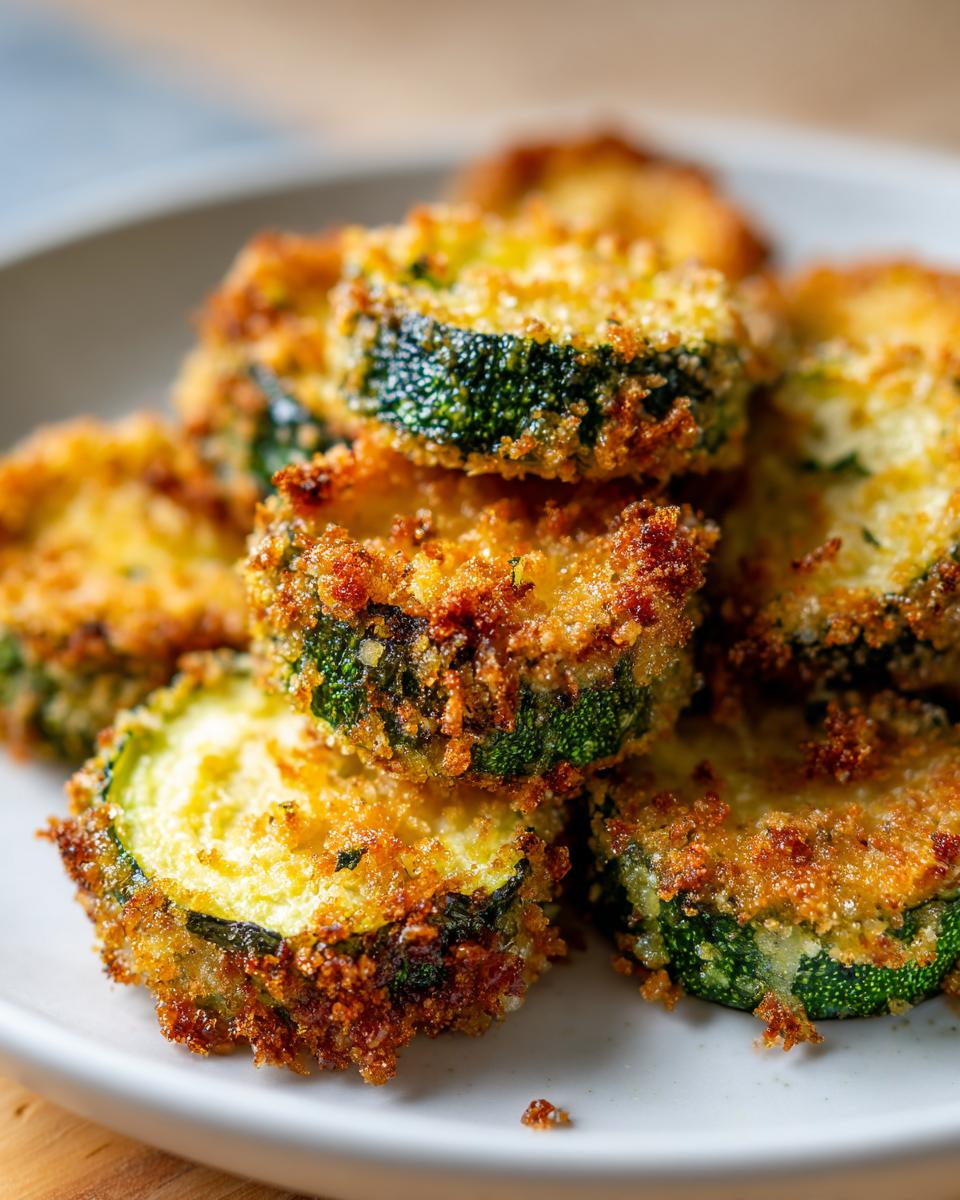 Close-up of golden brown, crispy baked parmesan zucchini slices stacked on a white plate.