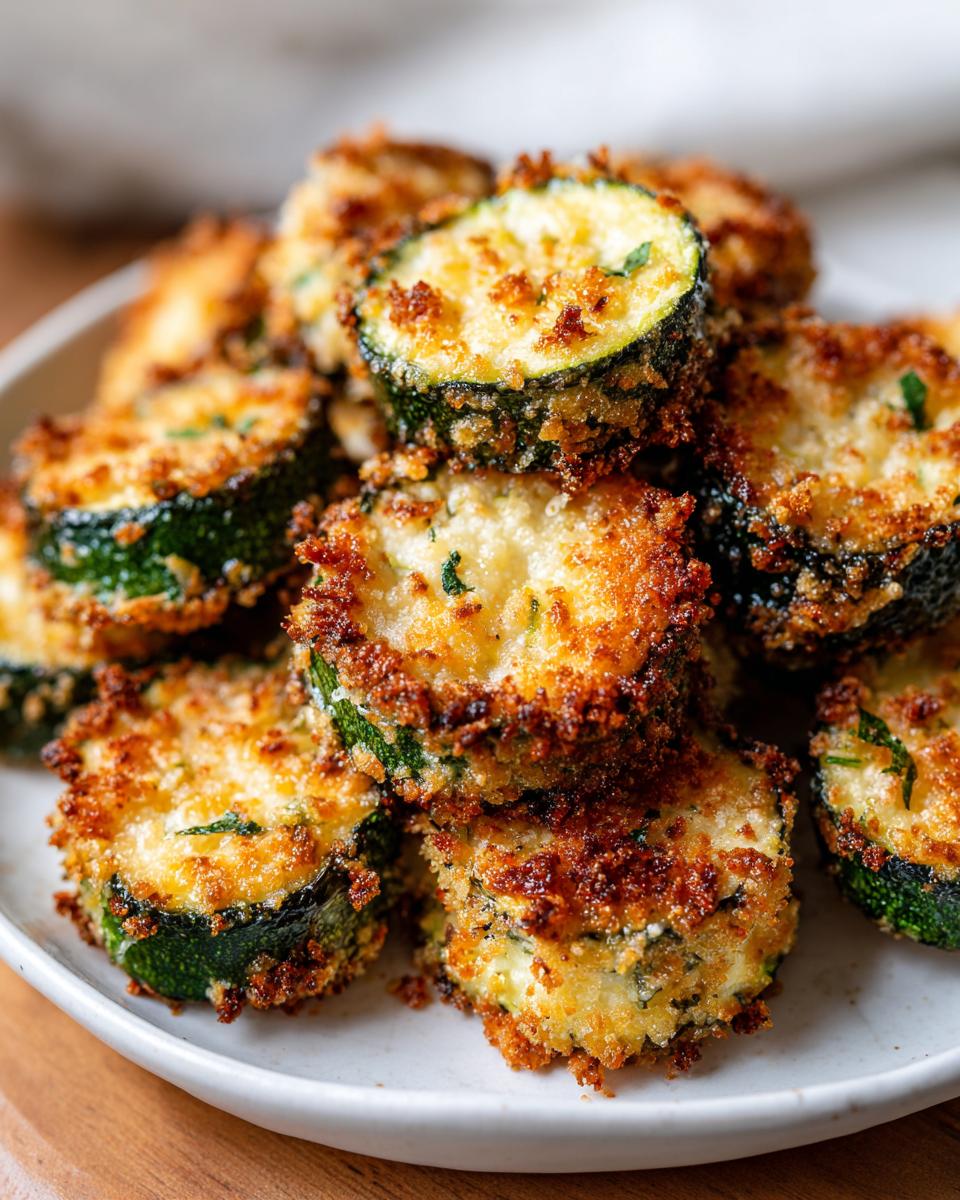 Close-up of stacked, crispy baked parmesan zucchini slices with golden brown, cheesy coating.