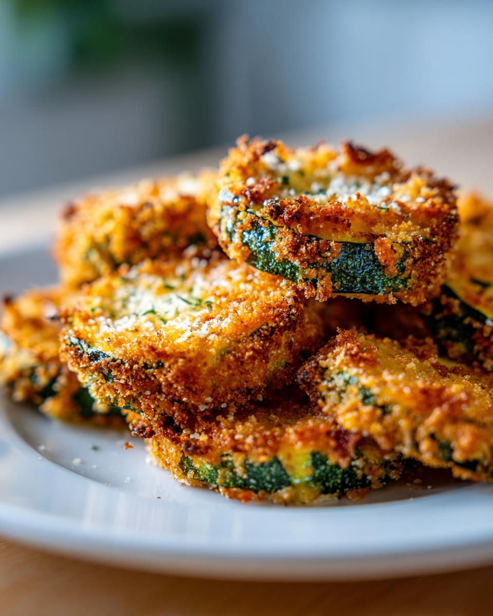 Close-up of golden brown, crispy baked parmesan zucchini slices stacked on a white plate.
