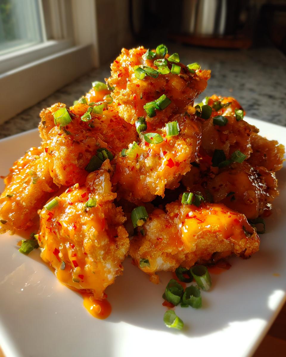 A pile of crispy, saucy bang bang chicken pieces garnished with bright green chopped scallions on a white plate.