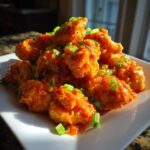 A pile of crispy, saucy bang bang chicken pieces garnished with fresh chopped green onions on a white plate.