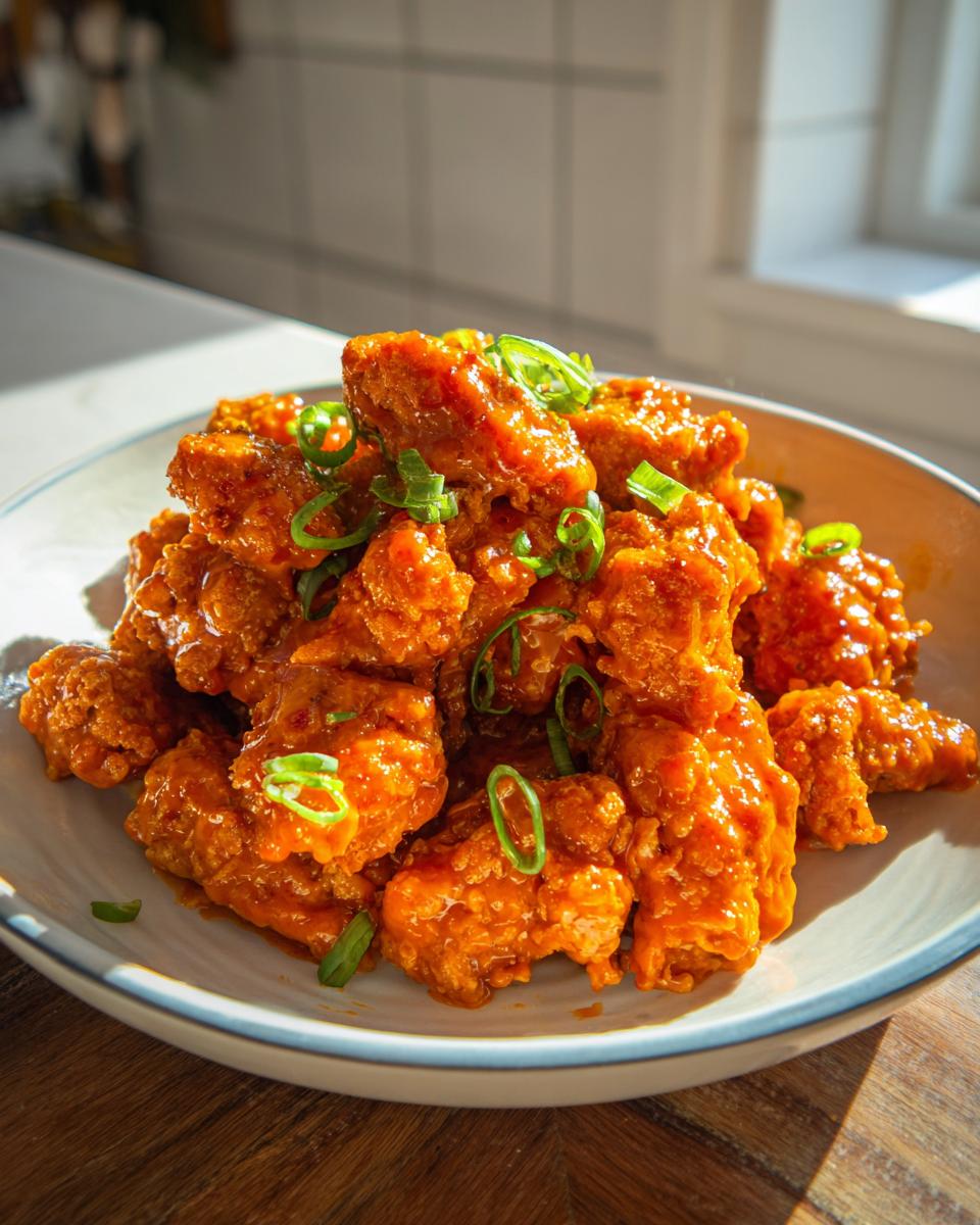 A close-up of crispy, saucy bang bang chicken pieces garnished with sliced green onions.