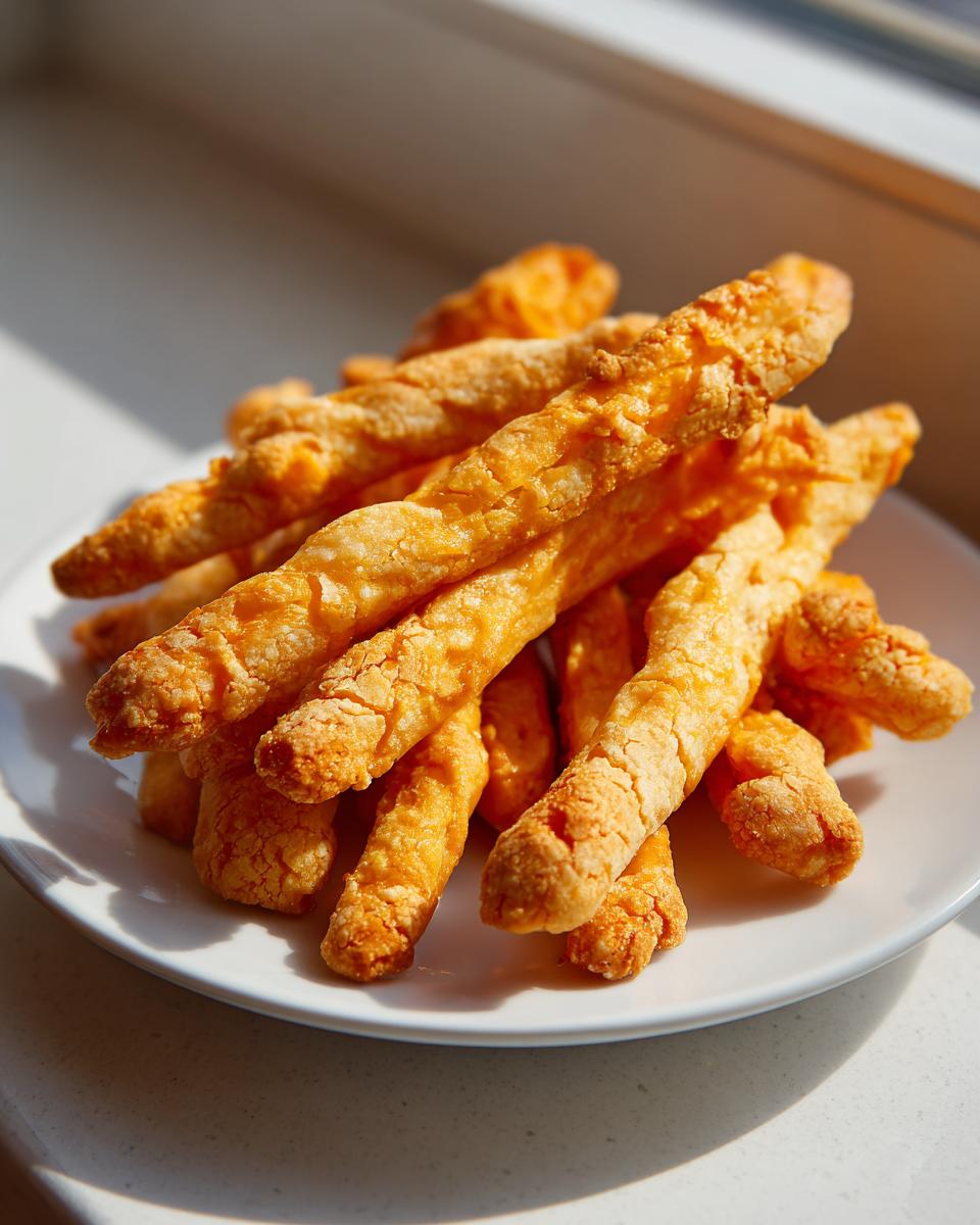 A pile of freshly baked, golden-brown, crispy cheese straws stacked on a small white plate, highlighted by sunlight.