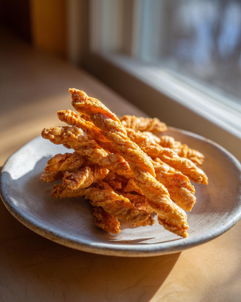 A pile of freshly baked, golden brown, twisted cheese straws resting on a speckled ceramic plate near a window.