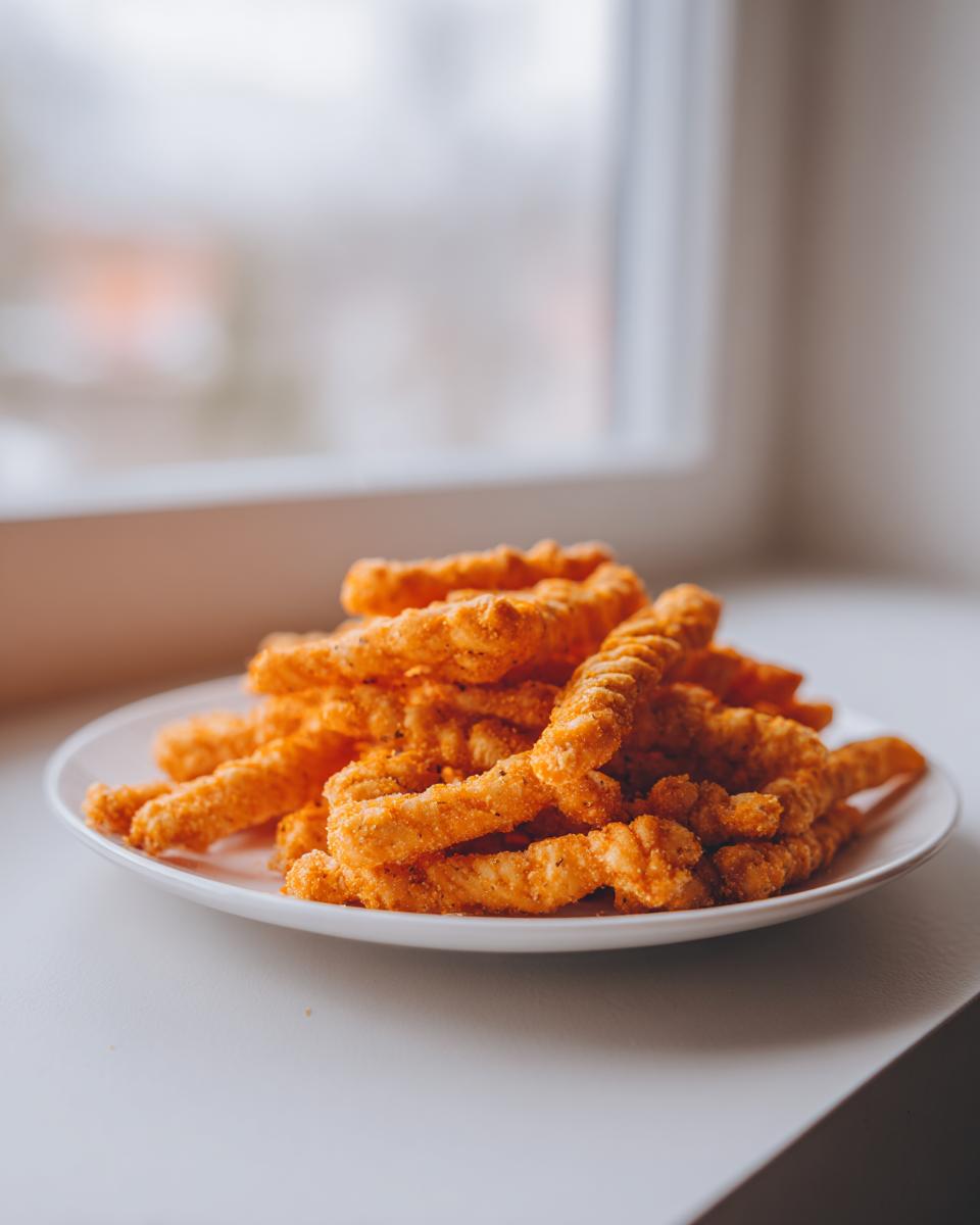 A pile of golden, crispy cheese straws seasoned with spices, served on a white plate near a bright window.