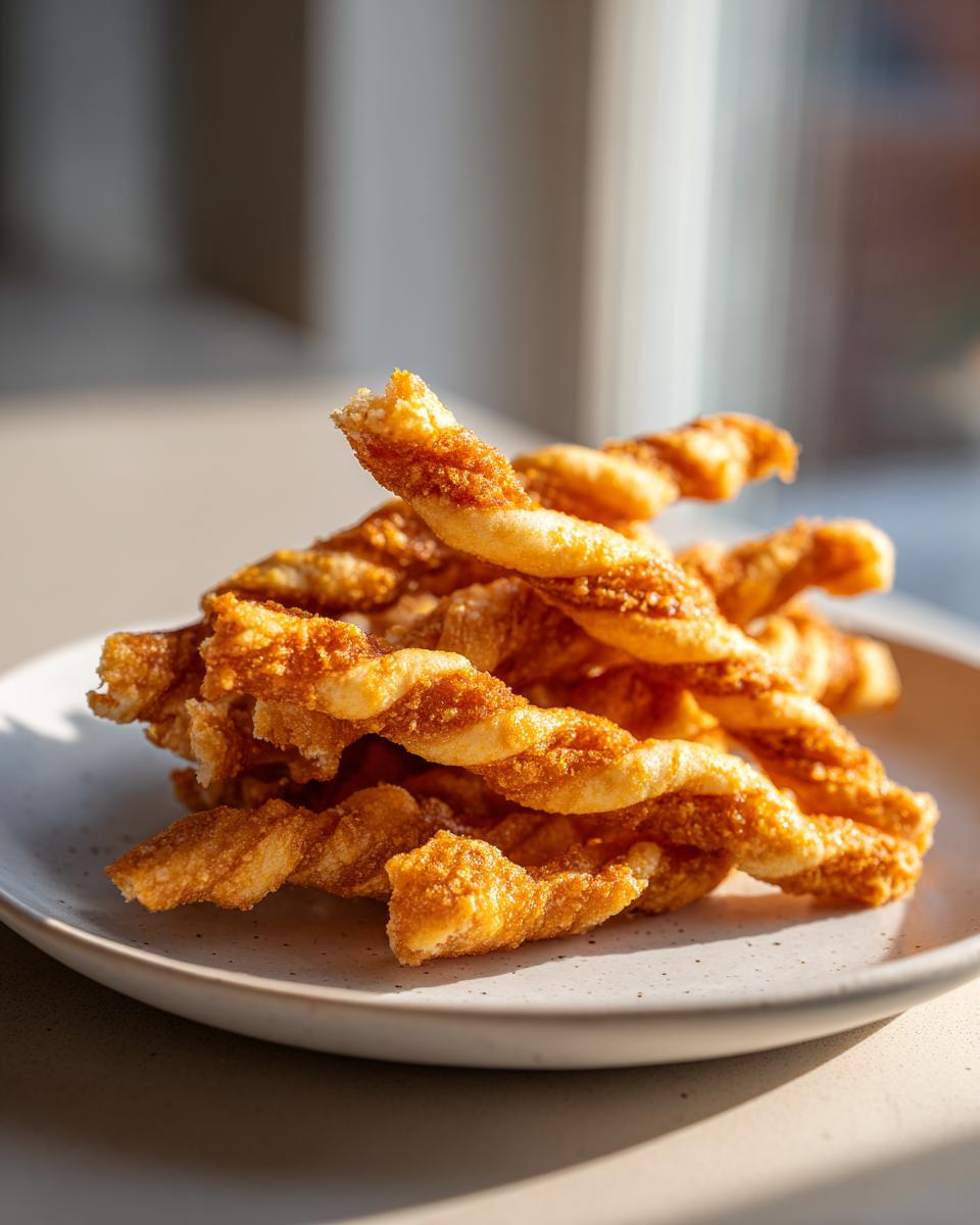 A stack of golden, twisted, and crispy cheese straws dusted with seasoning on a light speckled plate.