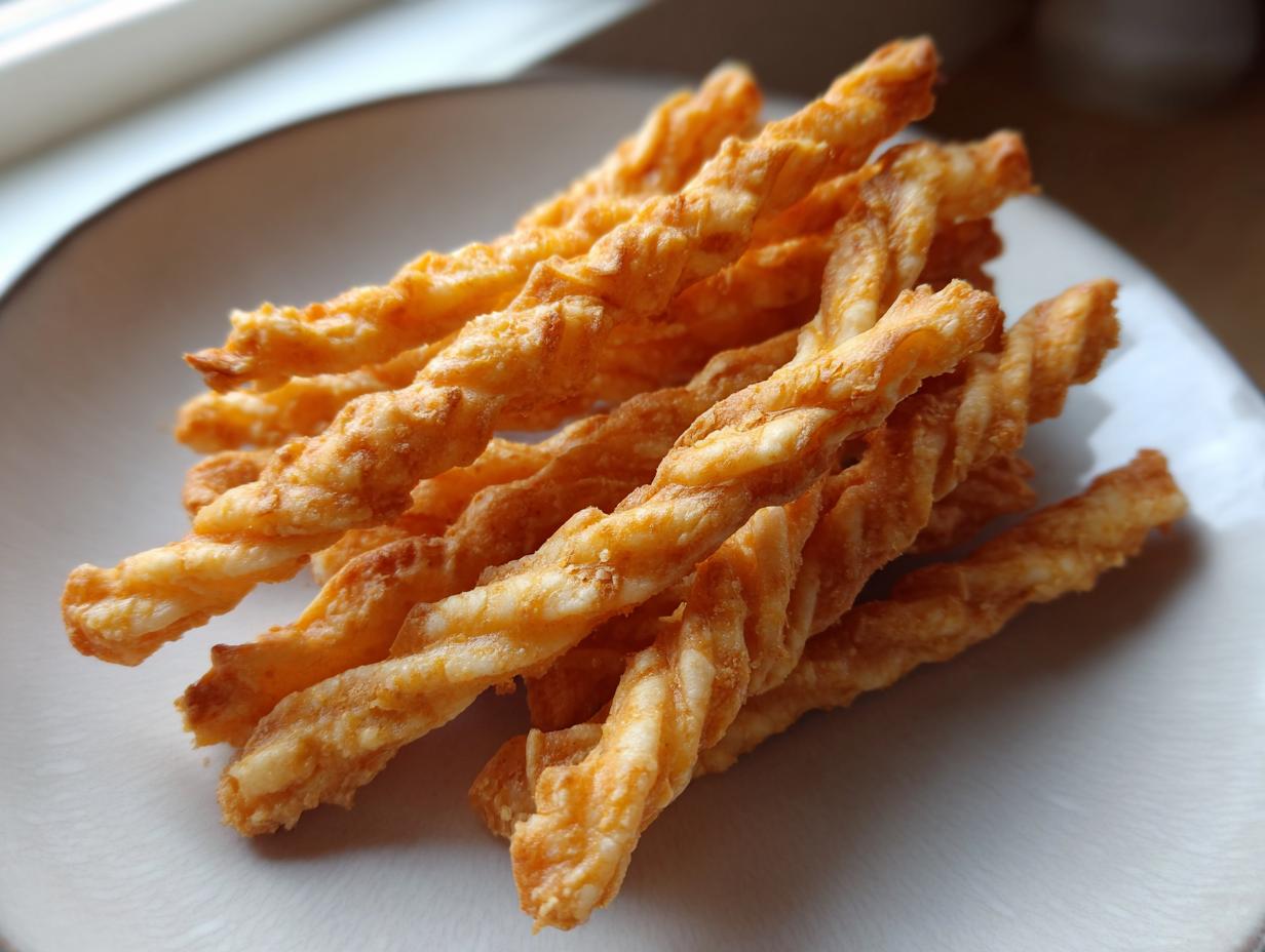 A close-up of several golden brown, twisted, crispy cheese straws piled on a light-colored plate.