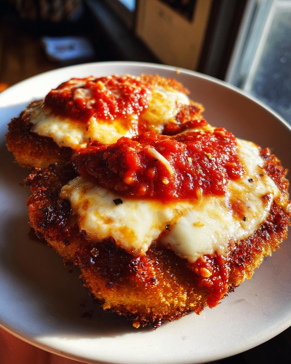 Two pieces of crispy, golden brown chicken parmesan recipe covered in melted mozzarella and rich tomato sauce.