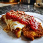 Close-up of a golden-brown, crispy chicken parmesan recipe topped with melted mozzarella and rich marinara sauce.