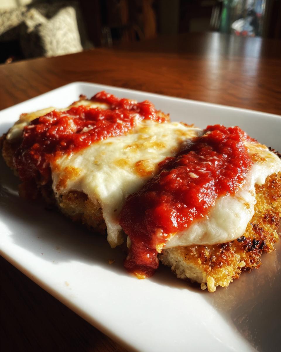 Two pieces of crispy, breaded chicken parmesan topped with melted mozzarella cheese and bright red marinara sauce.