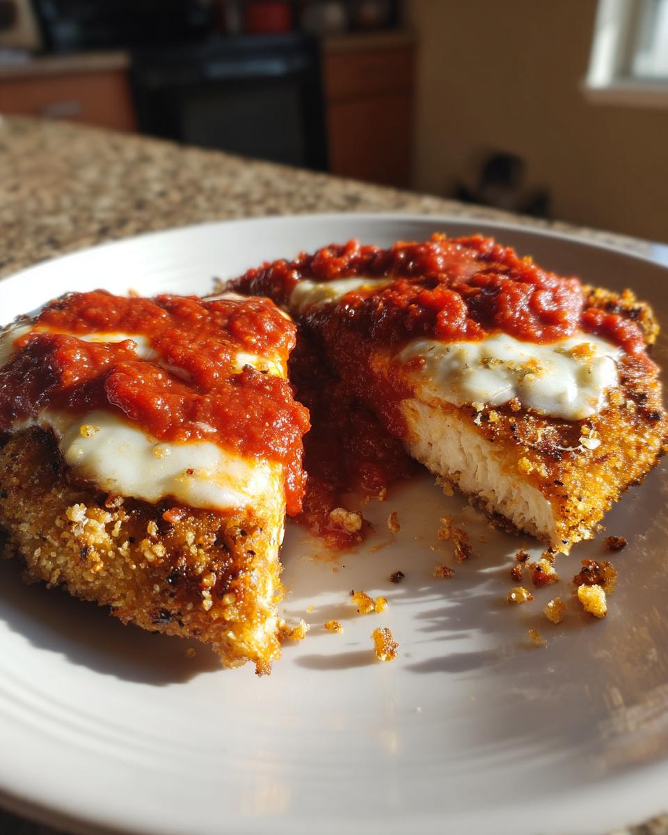 Two pieces of golden, crispy chicken parmesan recipe showing the white interior, topped with melted mozzarella and marinara sauce.