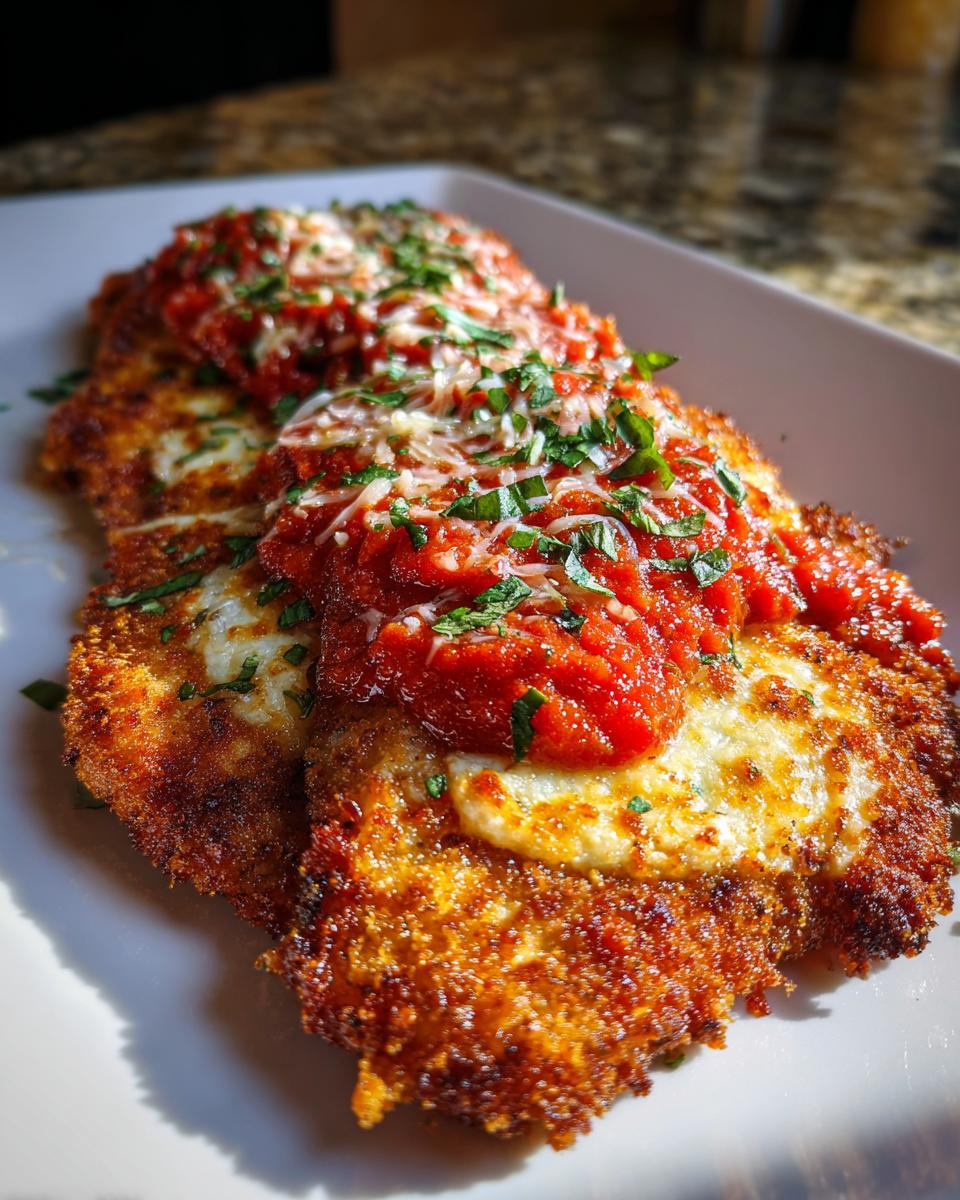 Two golden-brown, crispy cutlets of chicken parmesan topped with melted mozzarella, marinara sauce, and fresh parsley.