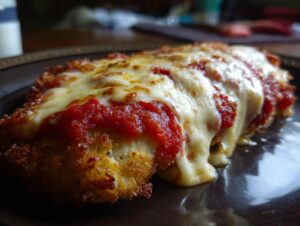 Close-up of a perfectly cooked chicken parmesan recipe piece with a golden crust, topped with rich marinara sauce and melted mozzarella.