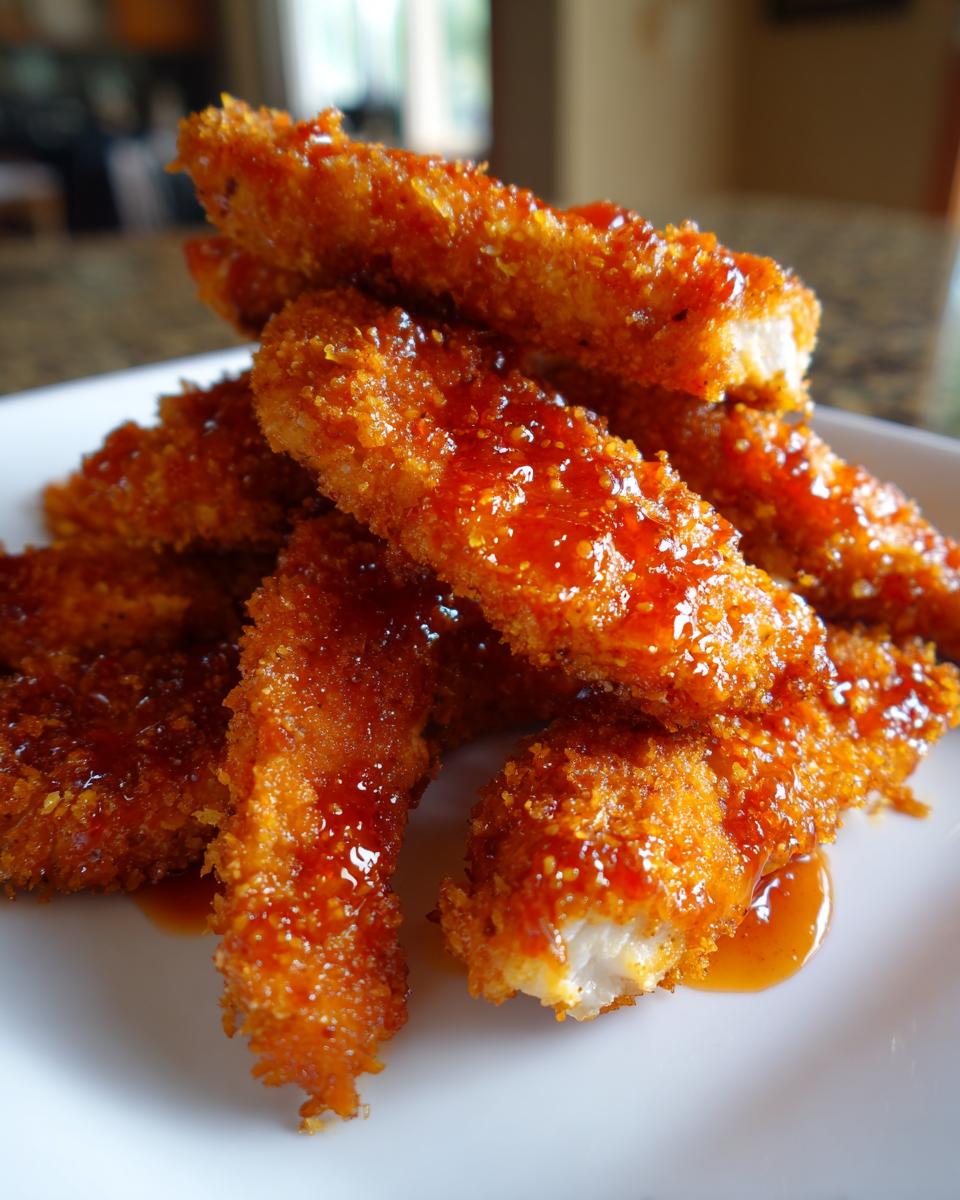 A close-up stack of crispy, breaded hot honey chicken tenders coated in a shiny, sweet and spicy glaze.