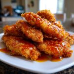 A stack of crispy, golden-brown hot honey chicken tenders glistening with sweet and spicy glaze on a white plate.