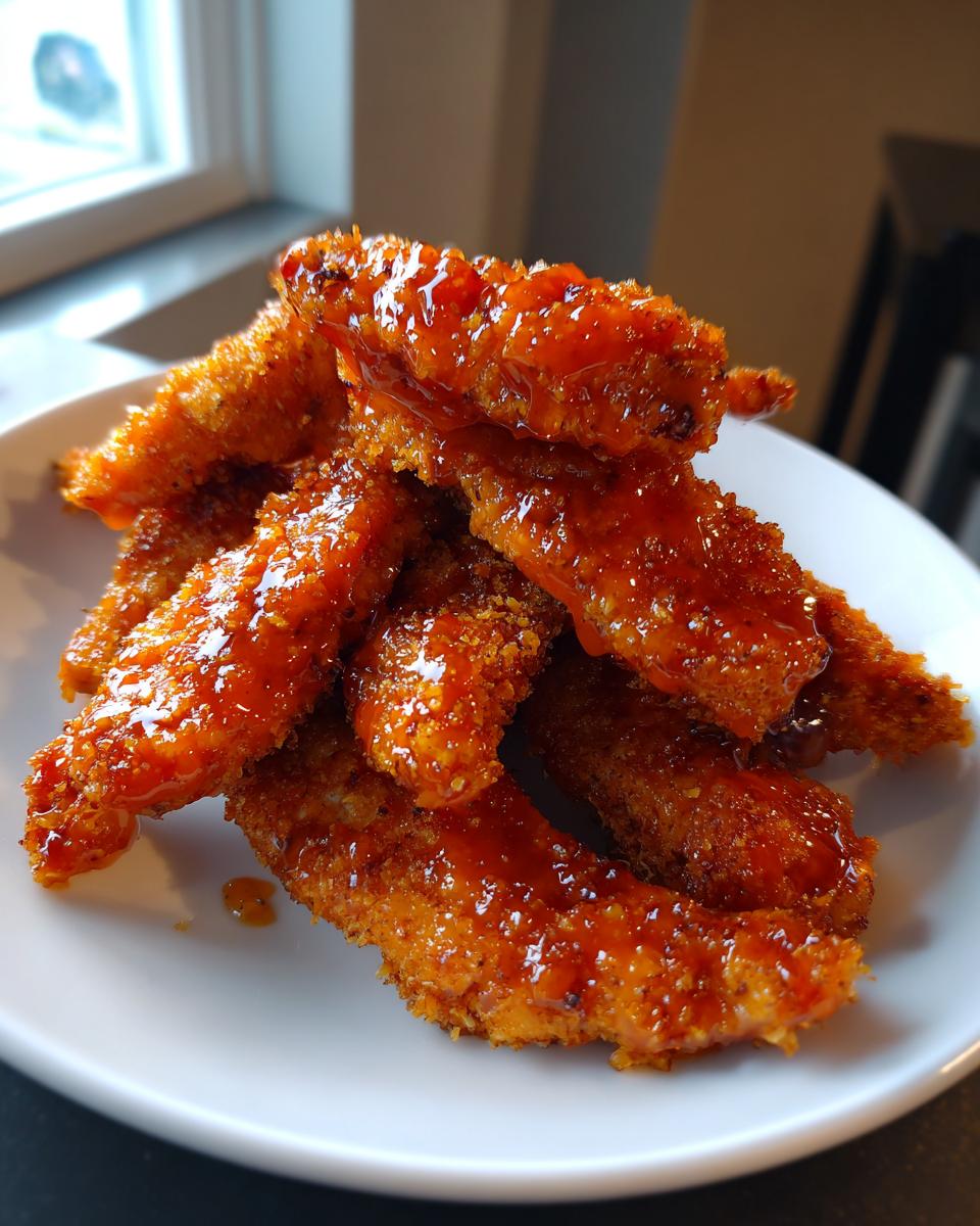 A pile of crispy, breaded hot honey chicken tenders generously coated in a shiny, orange glaze on a white plate.