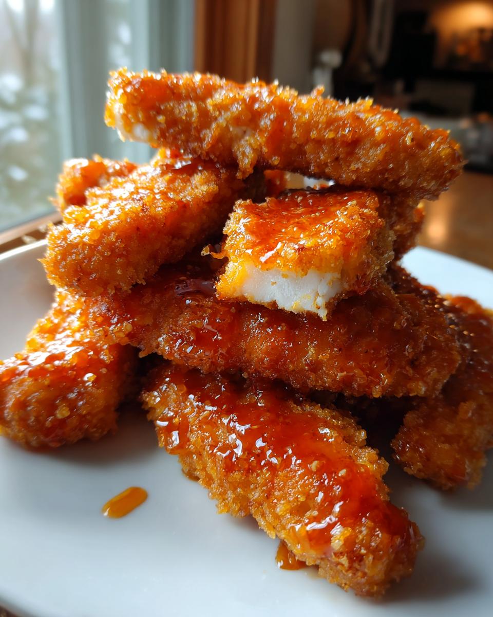 A close-up stack of crispy, breaded hot honey chicken tenders glistening with sweet and spicy glaze.