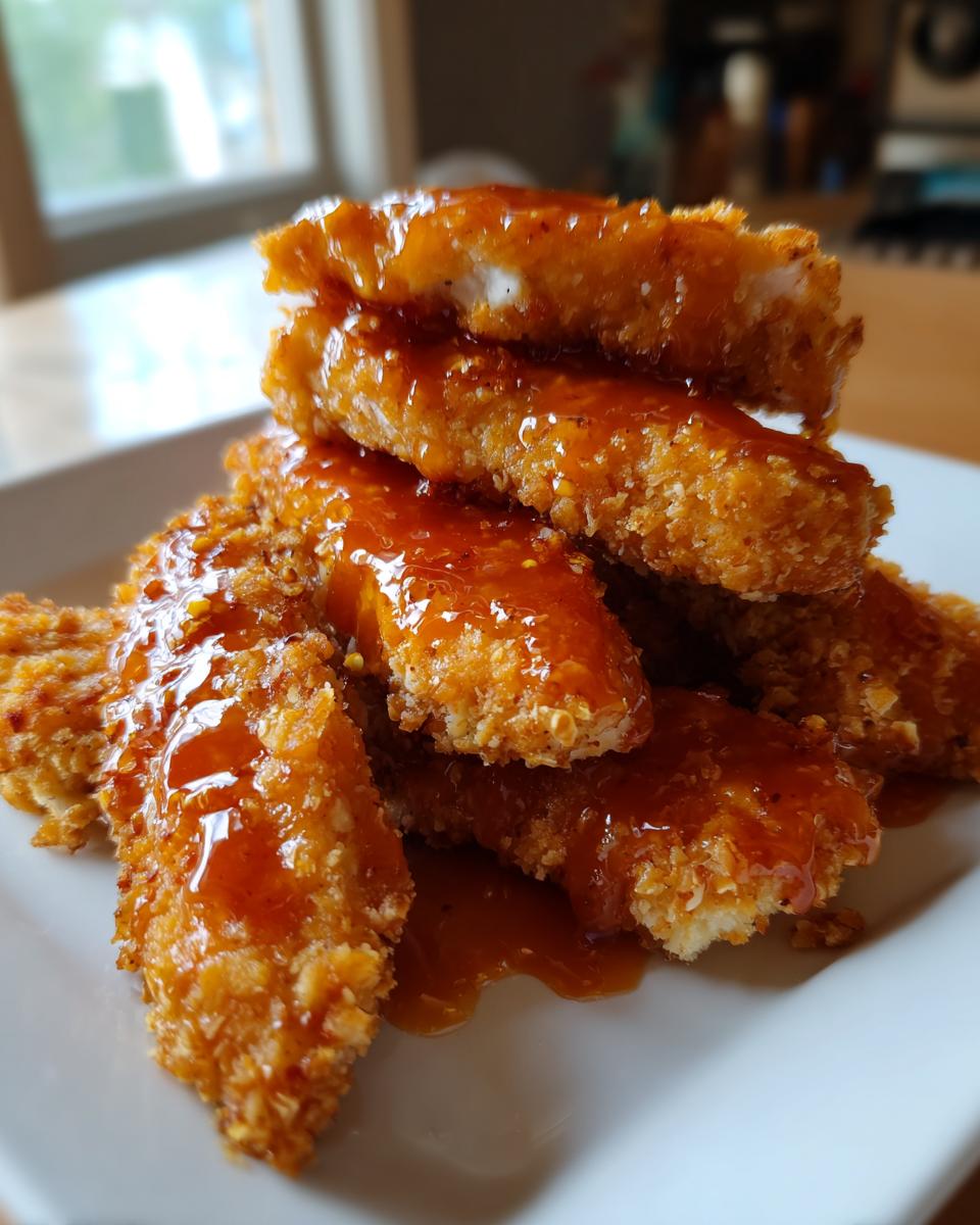 A close-up stack of crispy, breaded hot honey chicken tenders generously drizzled with glossy orange glaze.