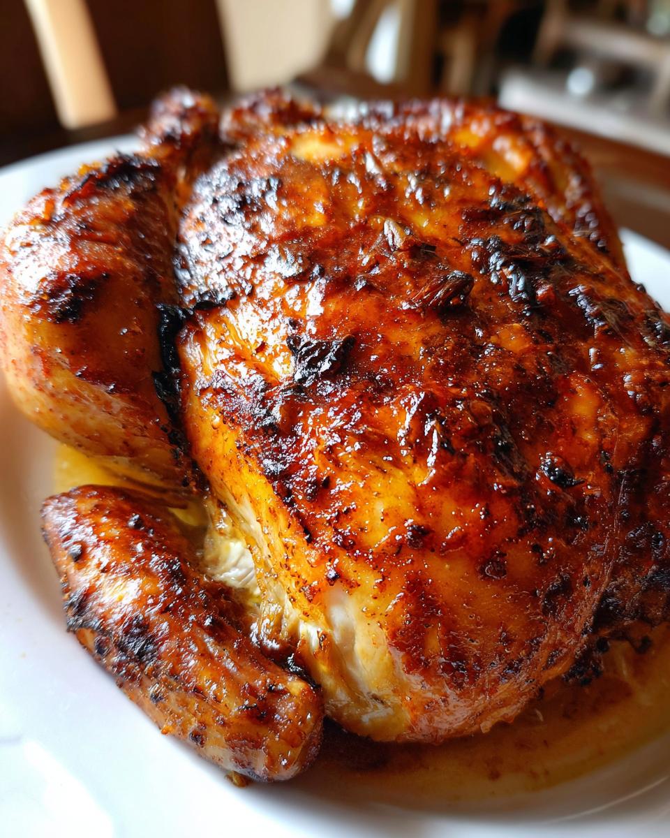 Close-up of a whole, perfectly roasted spatchcock chicken with deeply browned, glossy, and crispy skin.