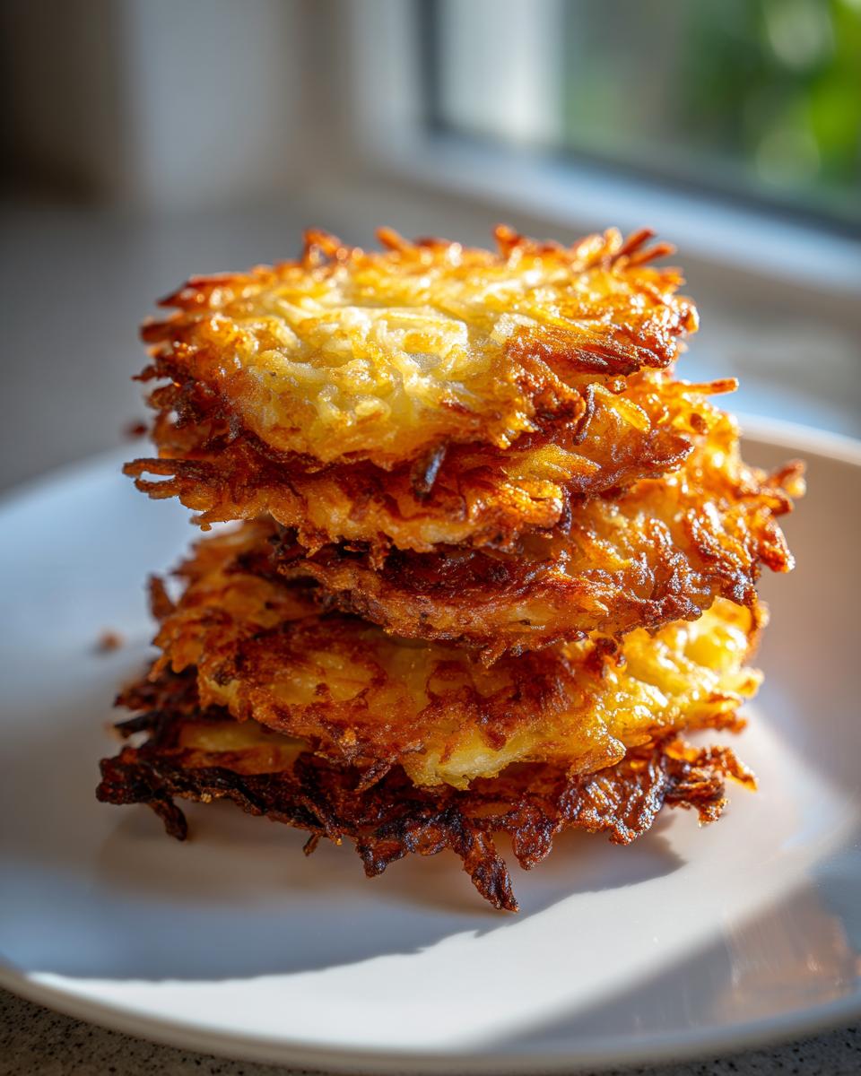A tall stack of golden brown, crispy potato pancakes sitting on a white plate.