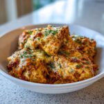 Four pieces of cheesy Crockpot Marry Me Chicken covered in melted cheese and parsley in a white bowl.