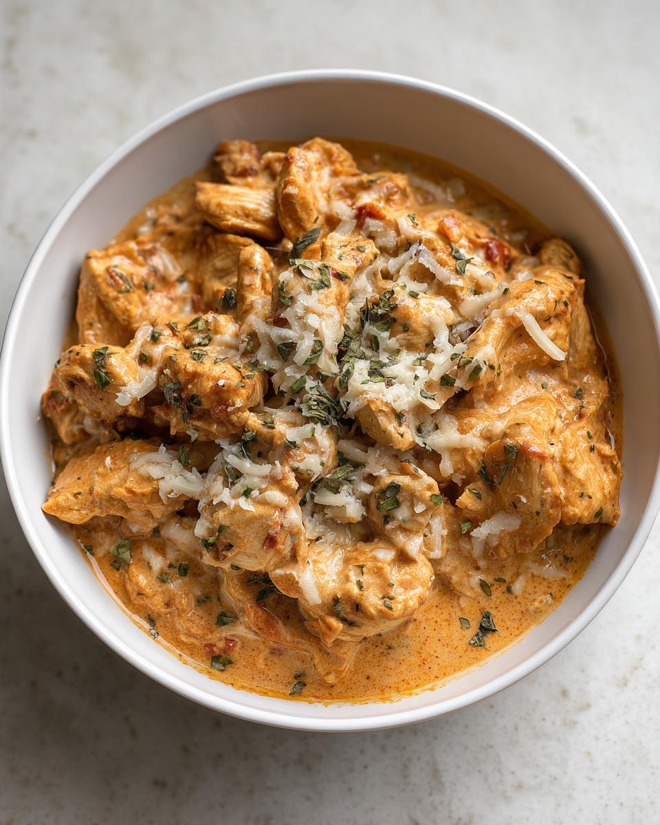 Close-up of creamy crockpot marry me chicken topped with shredded parmesan and herbs in a white bowl.