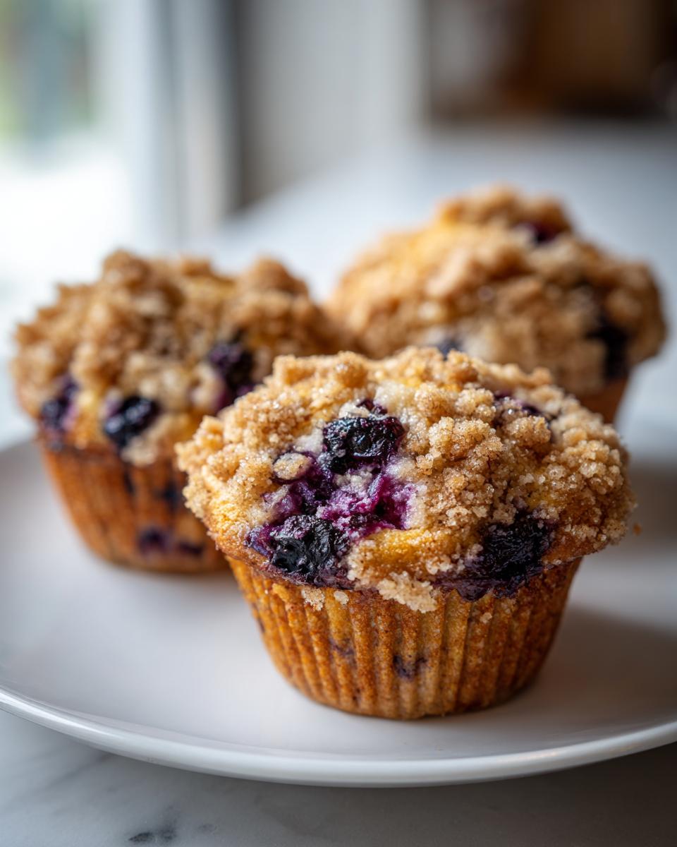 Three freshly baked blueberry muffins with a thick, sugary crumb topping sitting on a white plate.