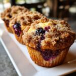 Close-up of freshly baked blueberry muffins topped with a thick, sugary brown sugar crumble.