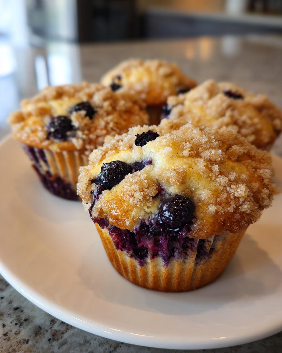 Four golden blueberry muffins topped with a sugary crumb topping, resting on a white plate.
