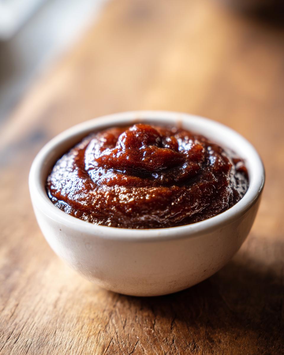 Close-up of thick, dark brown pear butter served in a small white ramekin on a rustic wooden surface.
